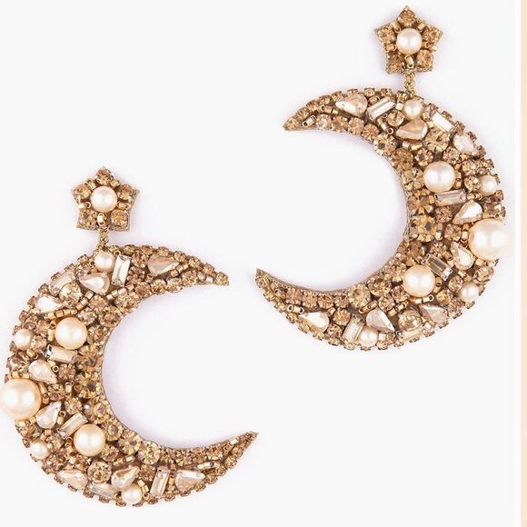 Deepa Gurnani Lavender Crystal Beaded Crescent Moon & Stars Earrings- Gold - Picture 2 of 2